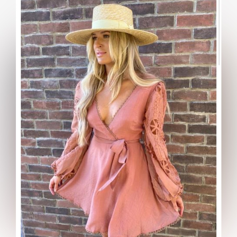 NWT long sleeve rose colored detail sleeve tie back knee length dress